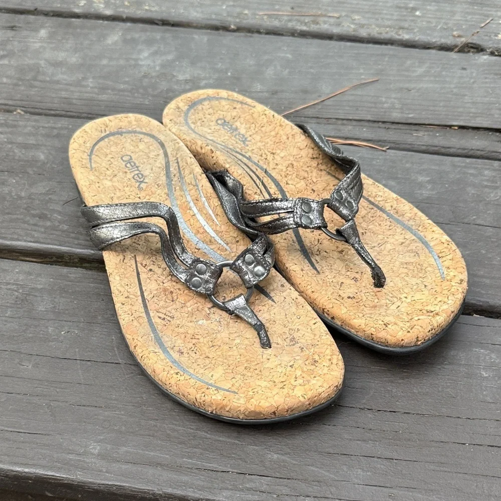 Aetrex Women's Metallic Silver Cork Sole Sandals size 7